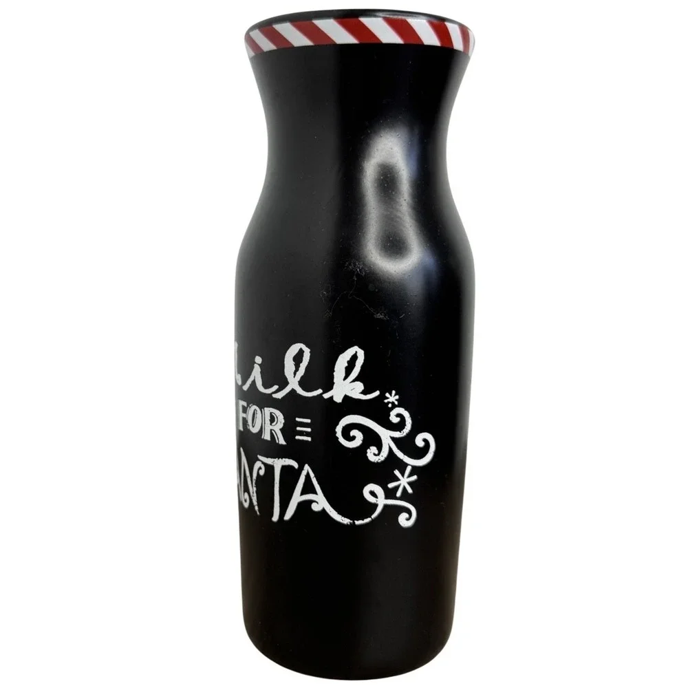 Milk for Santa Christmas Ceramic Bottle Matte Black Peppermint Stripe Rim Decor